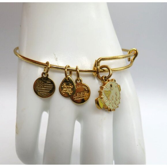 Alex Ani Bracelet Gold Tone Bangle Puffer Fish USA Charms Adjustable - Picture 4 of 11